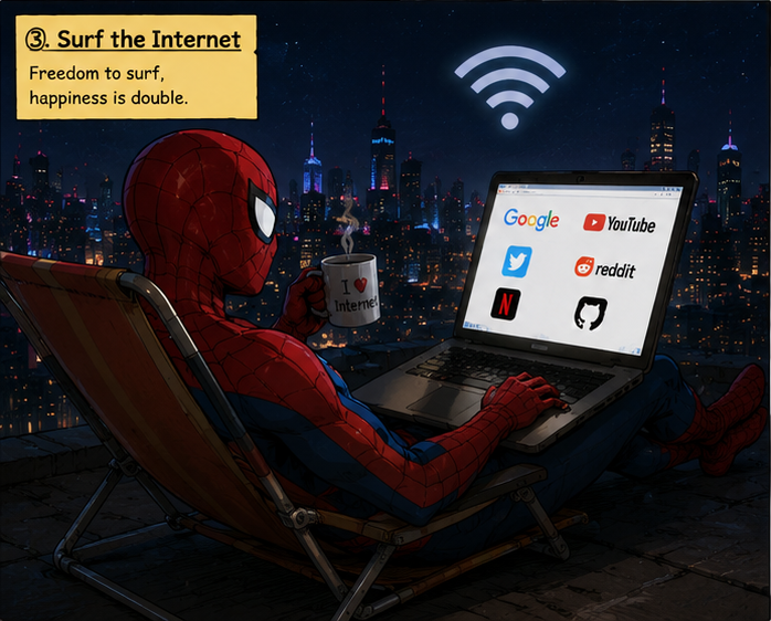 The author surfs the web with research tabs and coffee